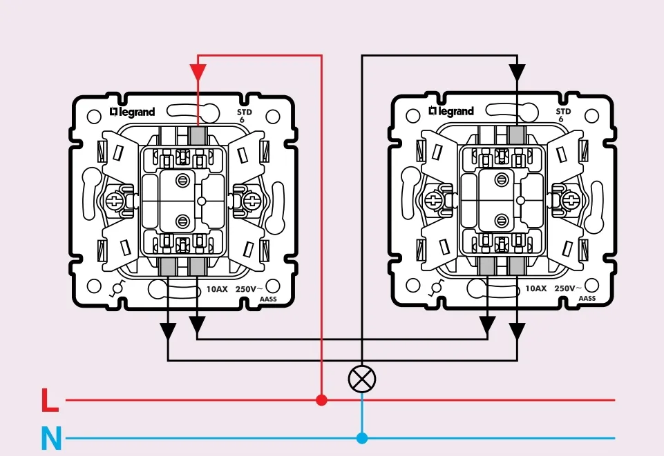 Проходной выключатель одноклавишный схема подключения на 2 точки