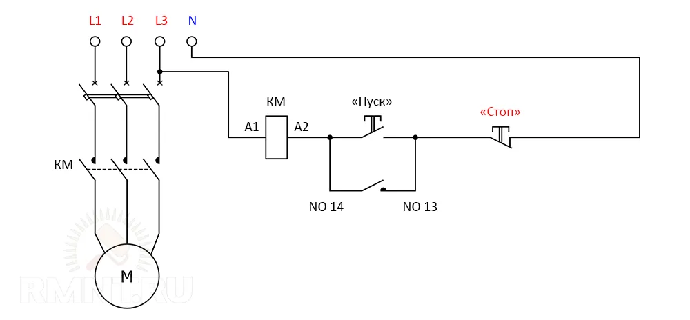 Схема подключения эл двигателя с тепловым реле