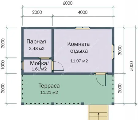 Проект бани с комнатой отдыха и террасой 5х6