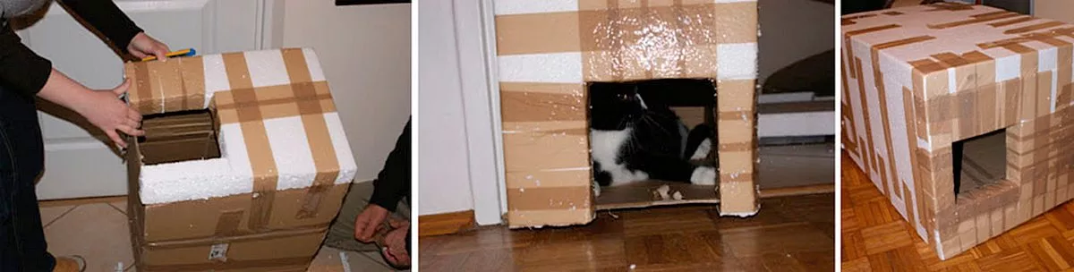 Как сделать дом теплей. Домик для кошки из картонной коробки. Домик для кошки из коробок. Утепленная коробка для кота. Домик для кошки из картона.